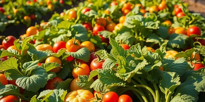An image depicting a vibrant organic landscape filled with healthy vegetables and fruits under natural lighting.