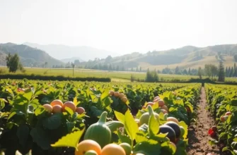 A vibrant field of lush fruits and vegetables growing naturally in a serene landscape.