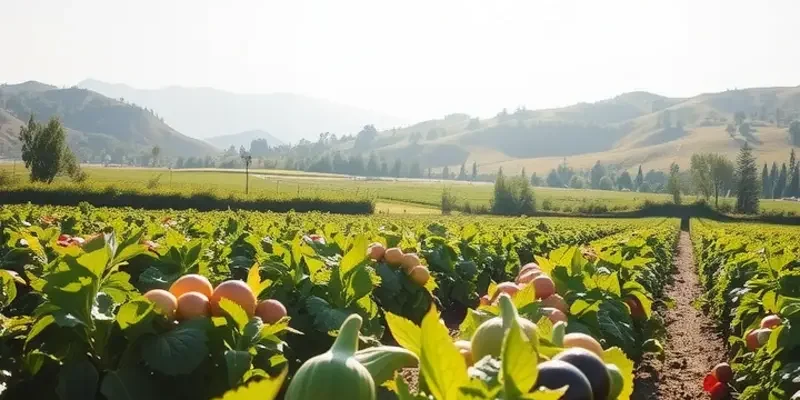 A vibrant field of lush fruits and vegetables growing naturally in a serene landscape.