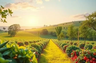 An inviting landscape filled with sunlight, representing healthy, organic produce.