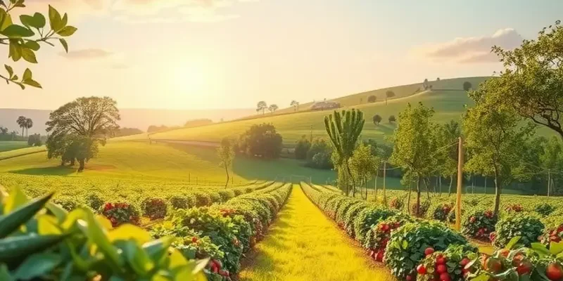 An inviting landscape filled with sunlight, representing healthy, organic produce.