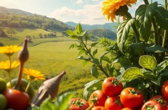 A panoramic view of a sunlit field filled with organic fruits and vegetables.