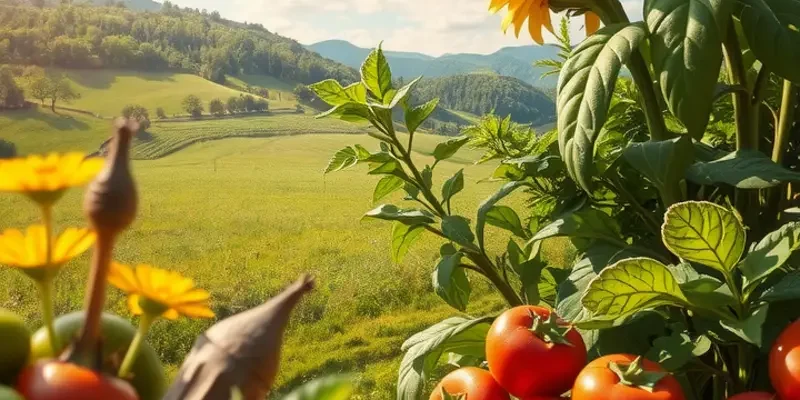 A panoramic view of a sunlit field filled with organic fruits and vegetables.
