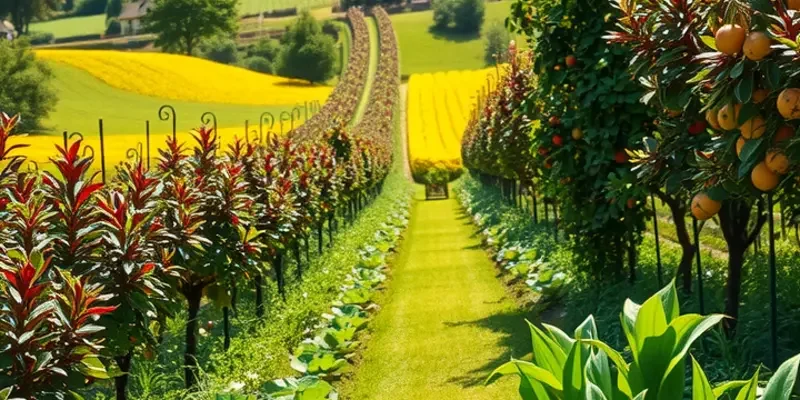 A lush field filled with vibrant fruits and vegetables, representing the harmony of nature and nourishment.