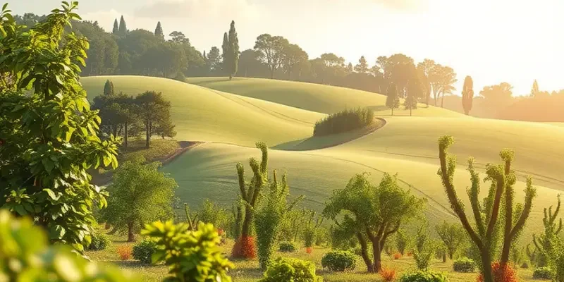 A tranquil landscape filled with vibrant fruits and vegetables growing abundantly in a natural setting.