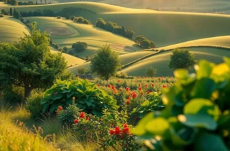 A beautiful landscape portraying an organic farm with colorful fruits and vegetables flourishing in a natural environment.