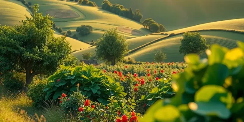 A beautiful landscape portraying an organic farm with colorful fruits and vegetables flourishing in a natural environment.