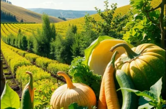 A serene and vibrant landscape of organic fruits and vegetables under soft sunlight, emphasizing healthy nutrition.