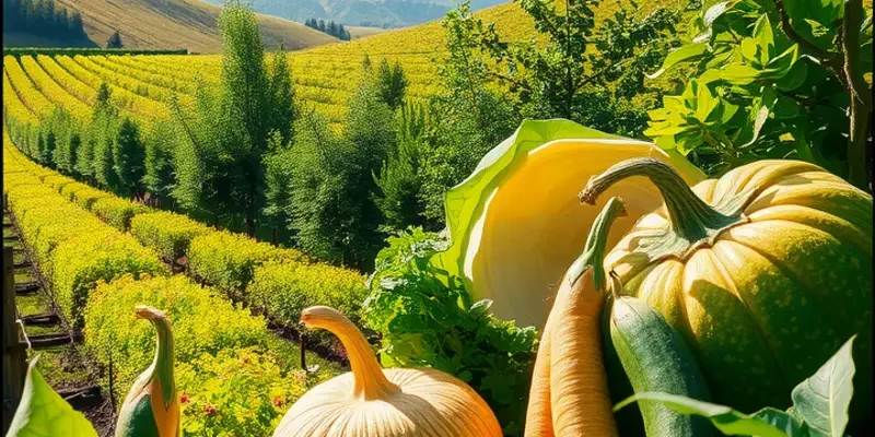 A serene and vibrant landscape of organic fruits and vegetables under soft sunlight, emphasizing healthy nutrition.