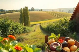 A natural scene of vibrant greenery and organic produce under warm sunlight.