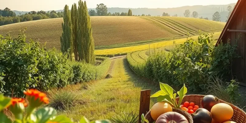 A natural scene of vibrant greenery and organic produce under warm sunlight.