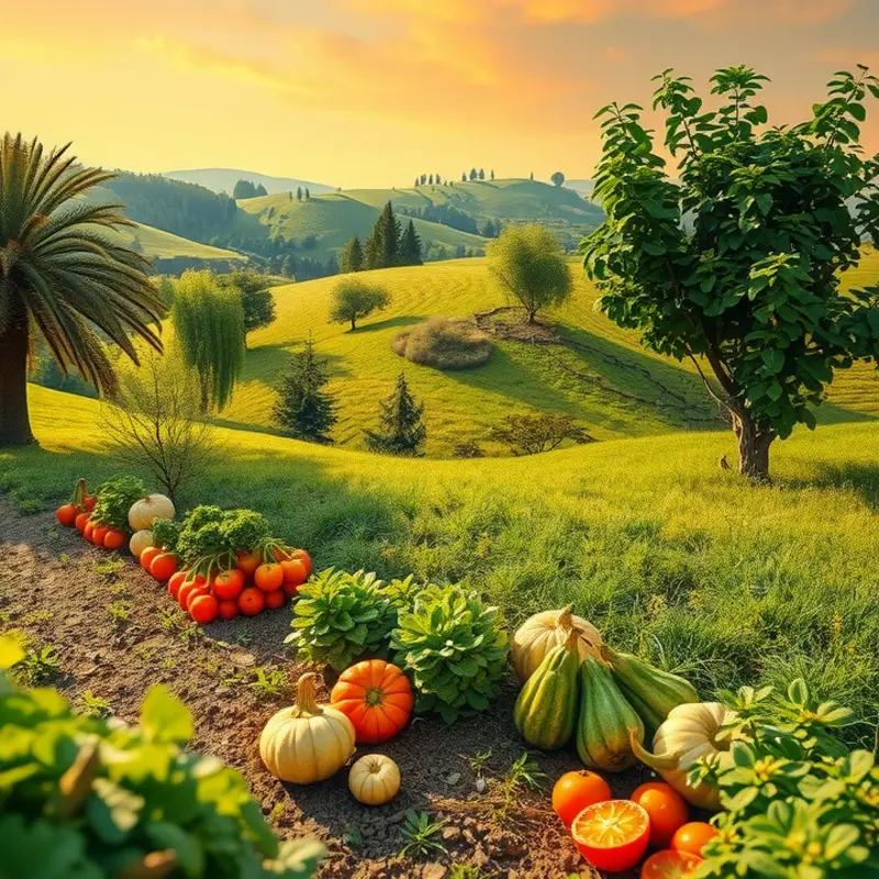 A serene sunlit field abundant with organic produce.