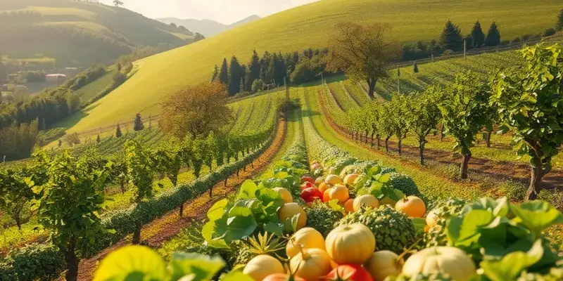 A calming landscape featuring an abundance of organic produce, emphasizing healthy eating.