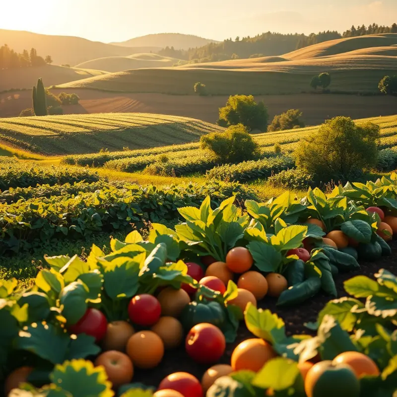 A serene, sunlit field rich in organic produce, symbolizing healthy nutrition.