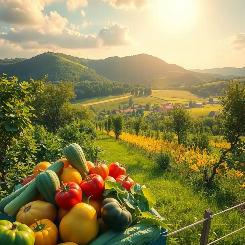A beautiful sunlit field showcasing vibrant, fresh organic produce.