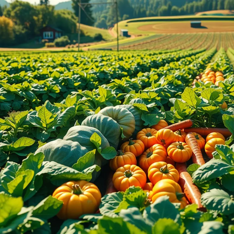 Vibrant sunlit fields showcasing organic vegetables and fruits.