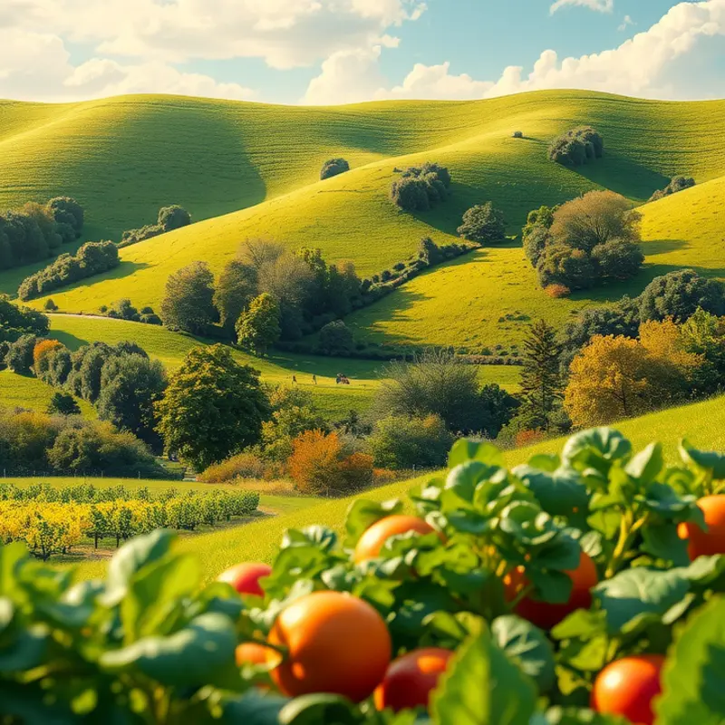 A sunlit field filled with fresh vegetables and fruits, epitomizing healthy eating.