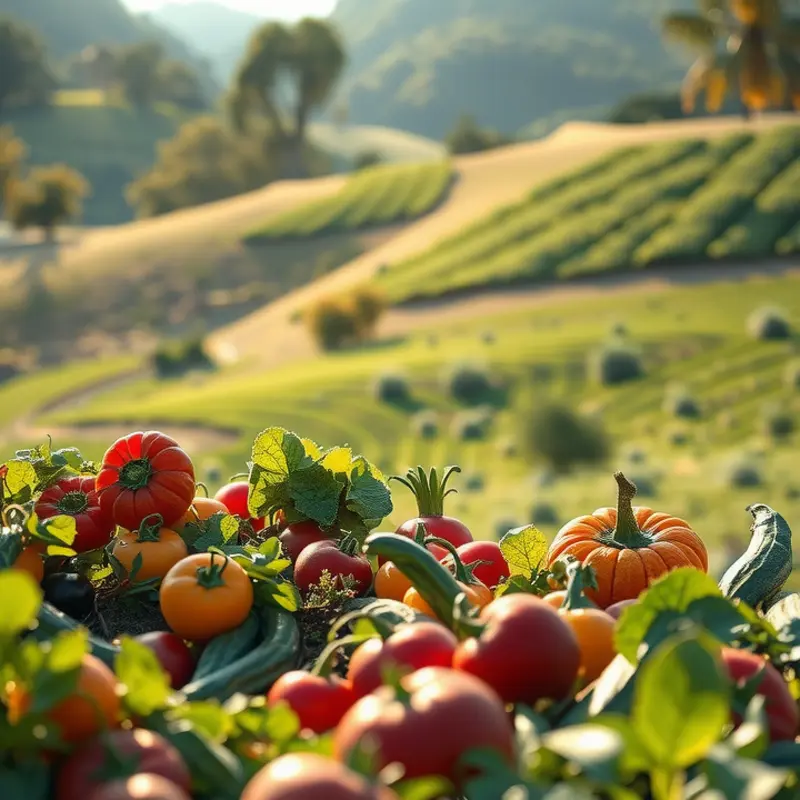 A vibrant, sunlit field showcasing fresh fruits and vegetables.