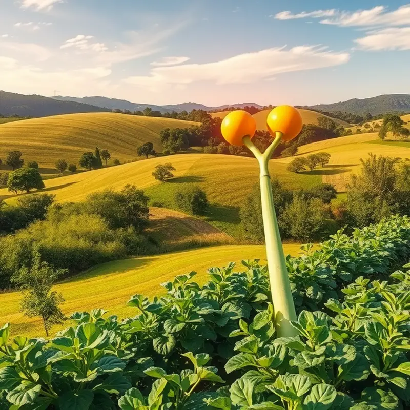 A serene sunlit field abundant with vibrant fruits and vegetables.