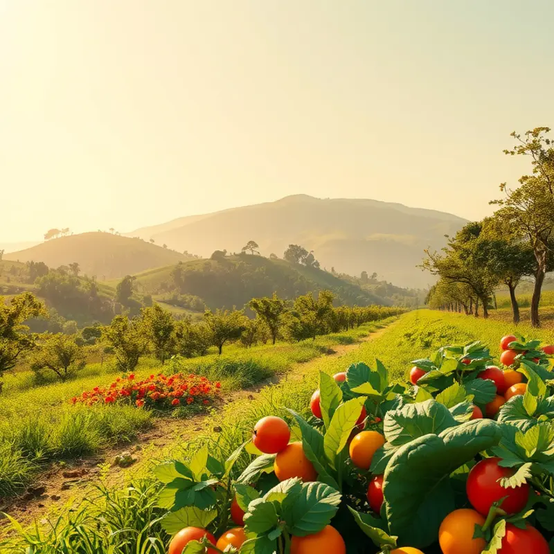 A sunlit field showcasing vibrant vegetables and fruits, representing the essence of natural wellness.