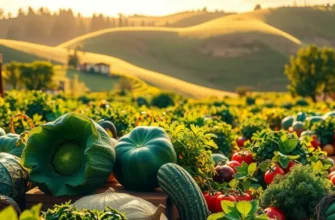 A beautiful orchard at sunset, showcasing an array of organic fruits and vegetables.