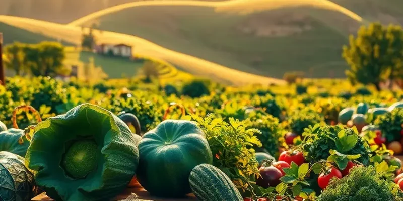 A beautiful orchard at sunset, showcasing an array of organic fruits and vegetables.