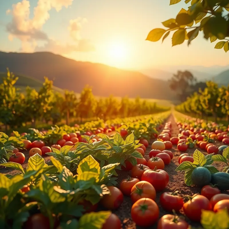 A sunlit field showcasing vibrant vegetables and fruits, representing freshness in cooking.