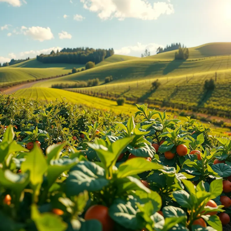 A vibrant sunlit field showcasing the abundance of fresh fruits and vegetables.