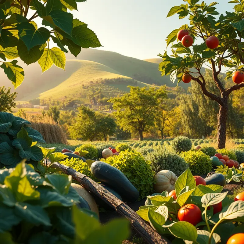 A sunlit orchard filled with vibrant vegetables and fruits.