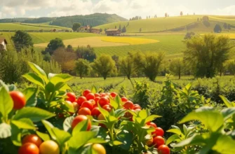 Photorealistic landscape highlighting a field of vibrant vegetables and fruits.