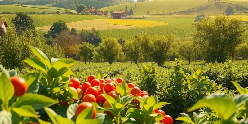 Photorealistic landscape highlighting a field of vibrant vegetables and fruits.