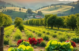 A scenic view of an organic field with an abundance of healthy fruits and vegetables.