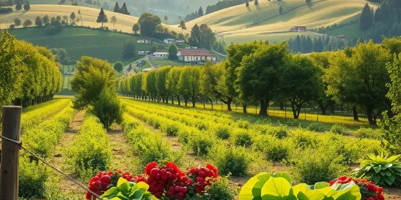 A scenic view of an organic field with an abundance of healthy fruits and vegetables.