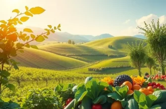 Photorealistic landscape depicting a sunlit orchard filled with organic vegetables and fruits, embodying the essence of healthy nutrition.
