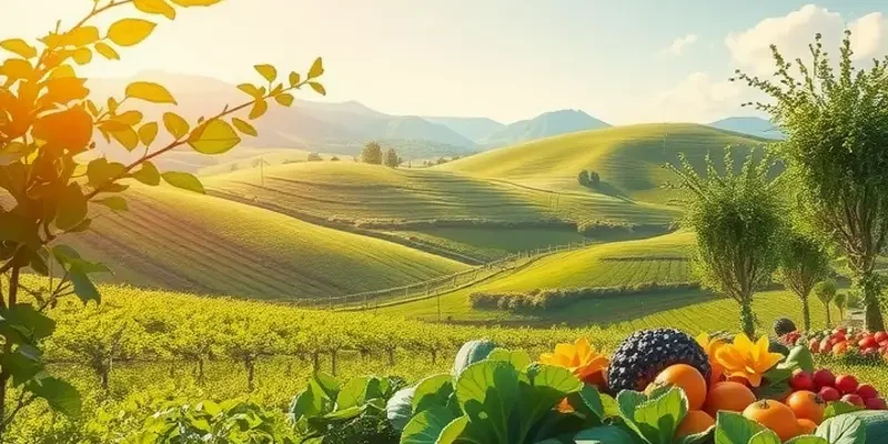 Photorealistic landscape depicting a sunlit orchard filled with organic vegetables and fruits, embodying the essence of healthy nutrition.