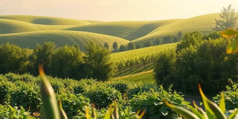 Vibrant fruits and vegetables growing in a sunlit field, representing healthy meal prepping.