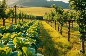 A serene landscape of an organic garden filled with lush vegetables and fruits basking in sunlight.