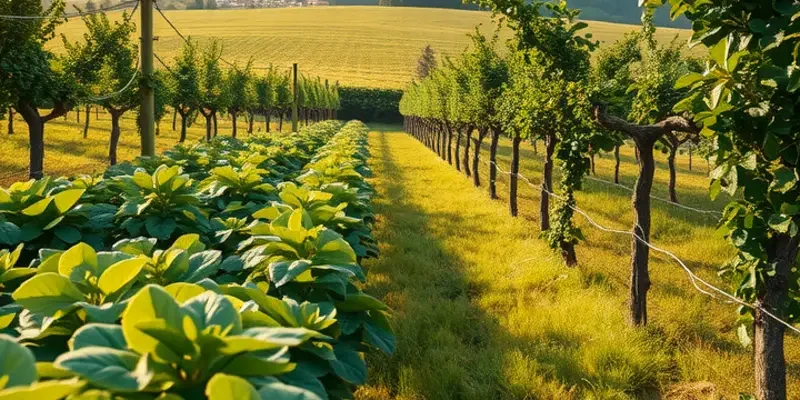 A serene landscape of an organic garden filled with lush vegetables and fruits basking in sunlight.