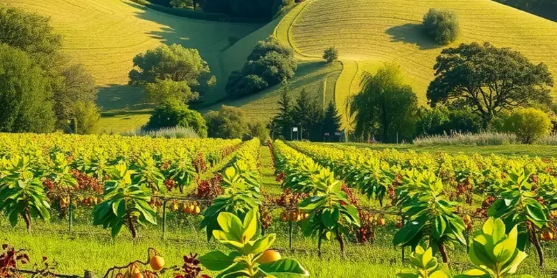 A lush orchard showcasing organic produce under soft sunlight.