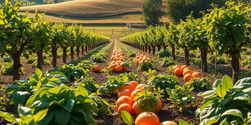 A picturesque field highlighting the richness of organic fruits and vegetables growing in natural harmony.