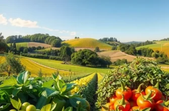 An expansive sunlit field packed with organic vegetables and fruits, showcasing the concept of fresh ingredients for soup.