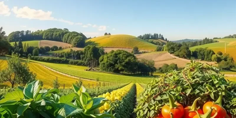 An expansive sunlit field packed with organic vegetables and fruits, showcasing the concept of fresh ingredients for soup.