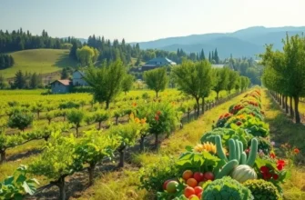 A serene landscape filled with vibrant vegetables and fruits growing naturally in a sunny environment.