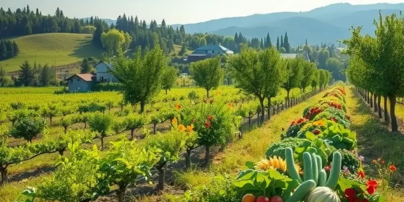 A serene landscape filled with vibrant vegetables and fruits growing naturally in a sunny environment.