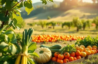 An extensive field filled with fresh organic vegetables and fruits under gentle sunlight.
