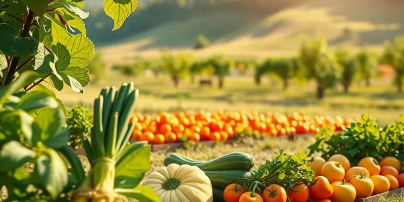 An extensive field filled with fresh organic vegetables and fruits under gentle sunlight.