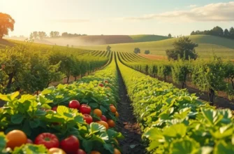 A vivid depiction of a field filled with organic vegetables and fruits under soft sunlight.