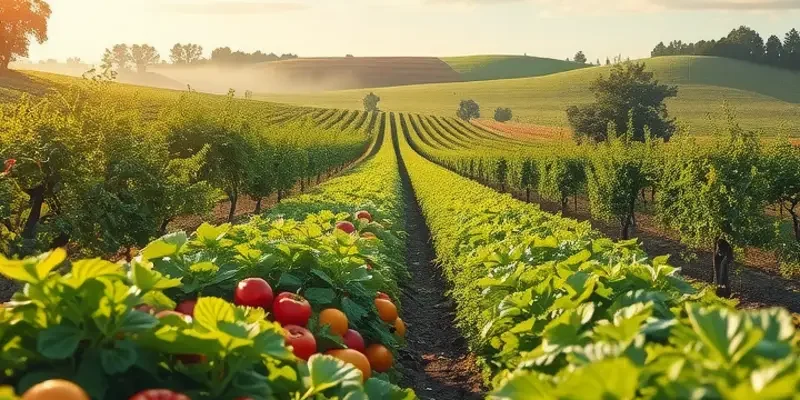 A vivid depiction of a field filled with organic vegetables and fruits under soft sunlight.