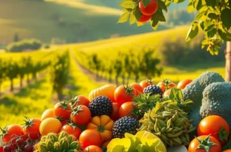 A picturesque organic produce field with colorful vegetables and fruits, highlighting nature's bounty.