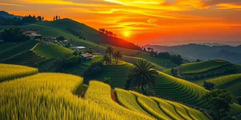 A pristine field filled with organic vegetables and fruits under soft, warm sunlight.